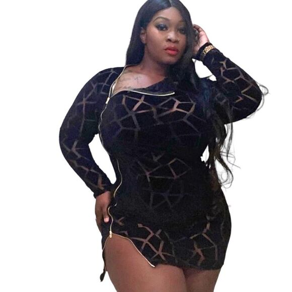 Black Plus Size Bodycon/ Mini/ Party/ Assymmetrical Zip Dress - Picture 1 of 8